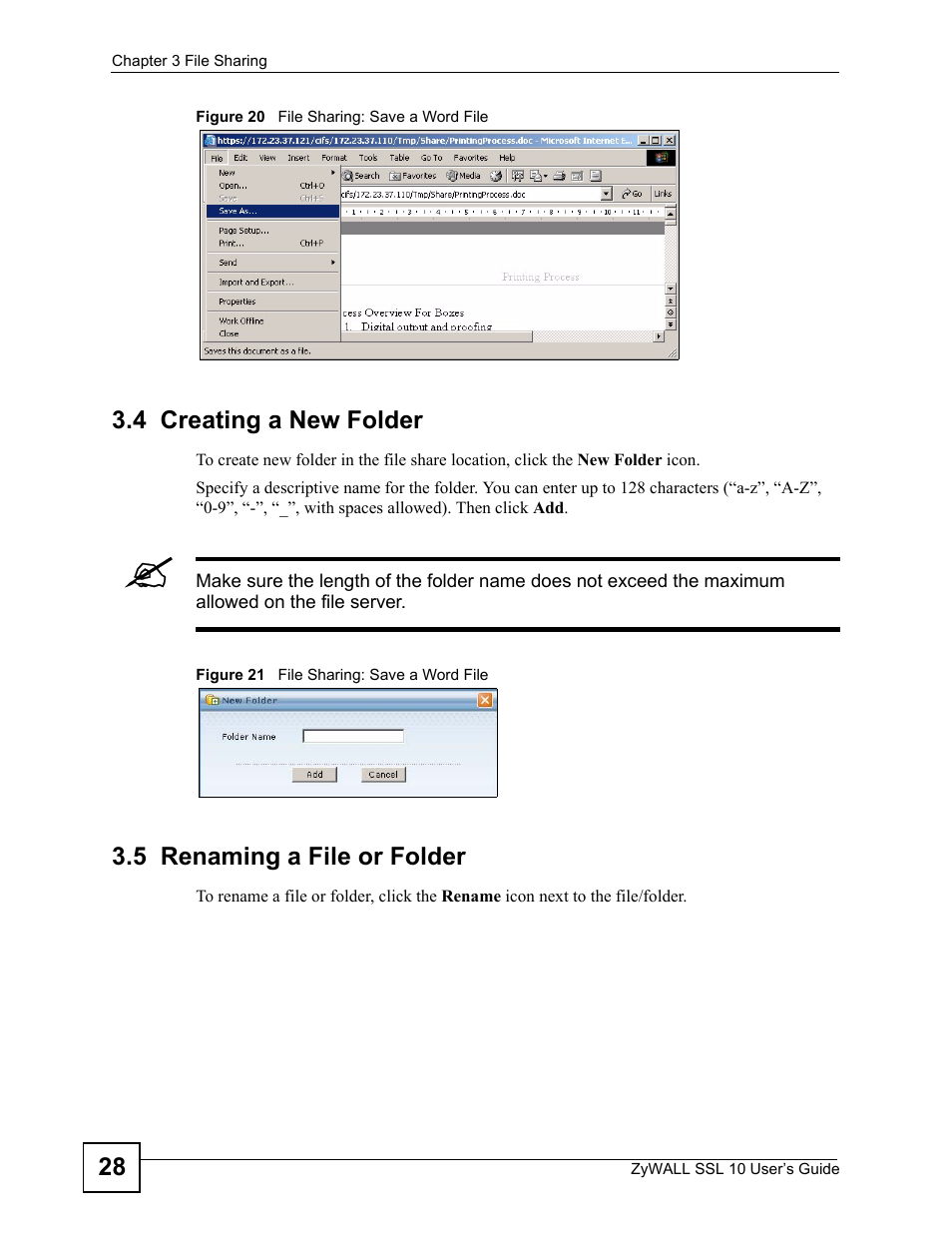 4 creating a new folder, 5 renaming a file or folder | ZyXEL Communications ZyWALL SSL 10 User Manual | Page 28 / 64