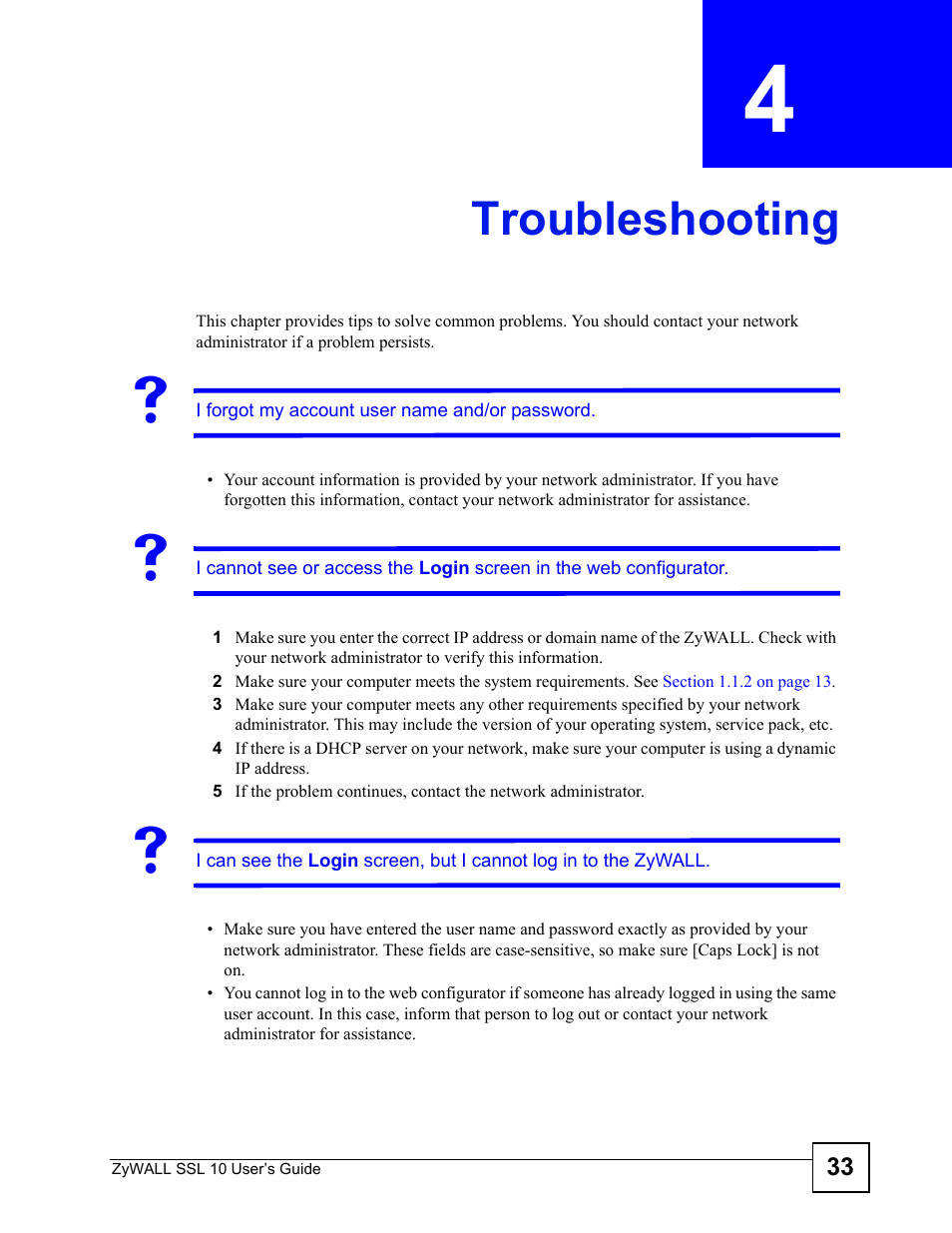 Troubleshooting, Chapter 4 troubleshooting, Troubleshooting (33) | ZyXEL Communications ZyWALL SSL 10 User Manual | Page 33 / 64