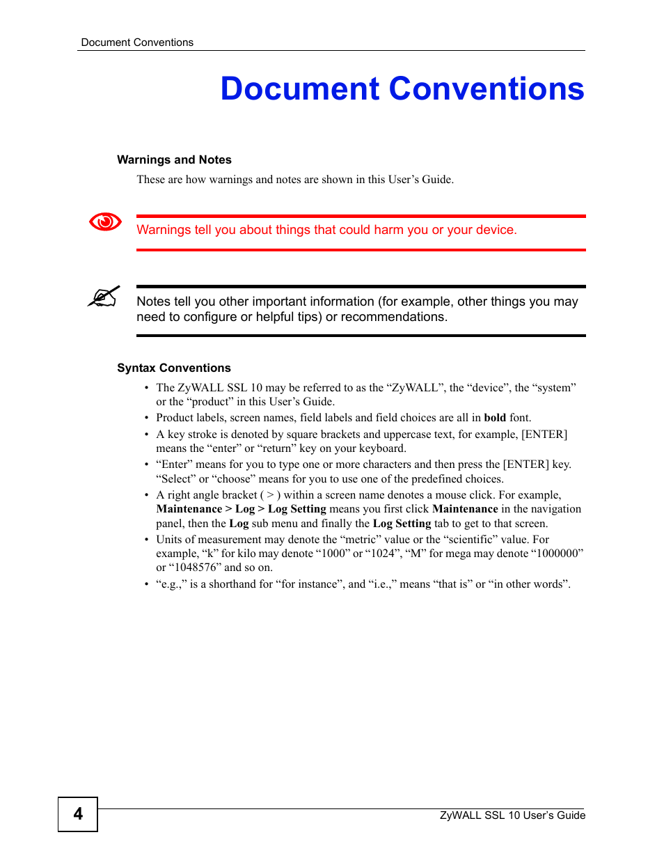 Document conventions | ZyXEL Communications ZyWALL SSL 10 User Manual | Page 4 / 64