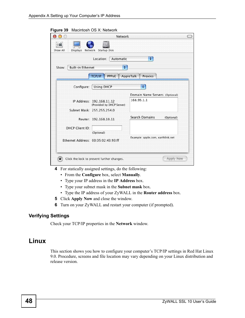Figure 39 macintosh os x: network, Linux | ZyXEL Communications ZyWALL SSL 10 User Manual | Page 48 / 64