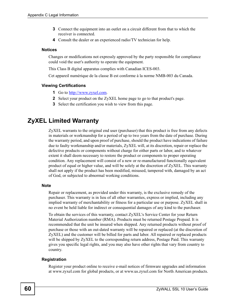 Zyxel limited warranty | ZyXEL Communications ZyWALL SSL 10 User Manual | Page 60 / 64