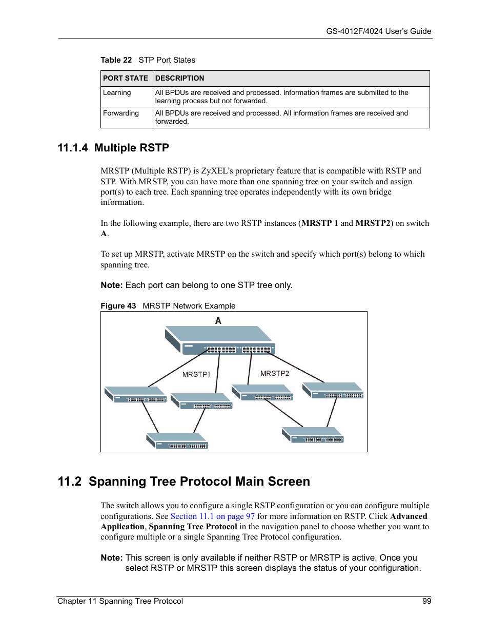 4 multiple rstp, 2 spanning tree protocol main screen, Figure 43 mrstp network example | ZyXEL Communications GS-4012F/4024 User Manual | Page 100 / 363
