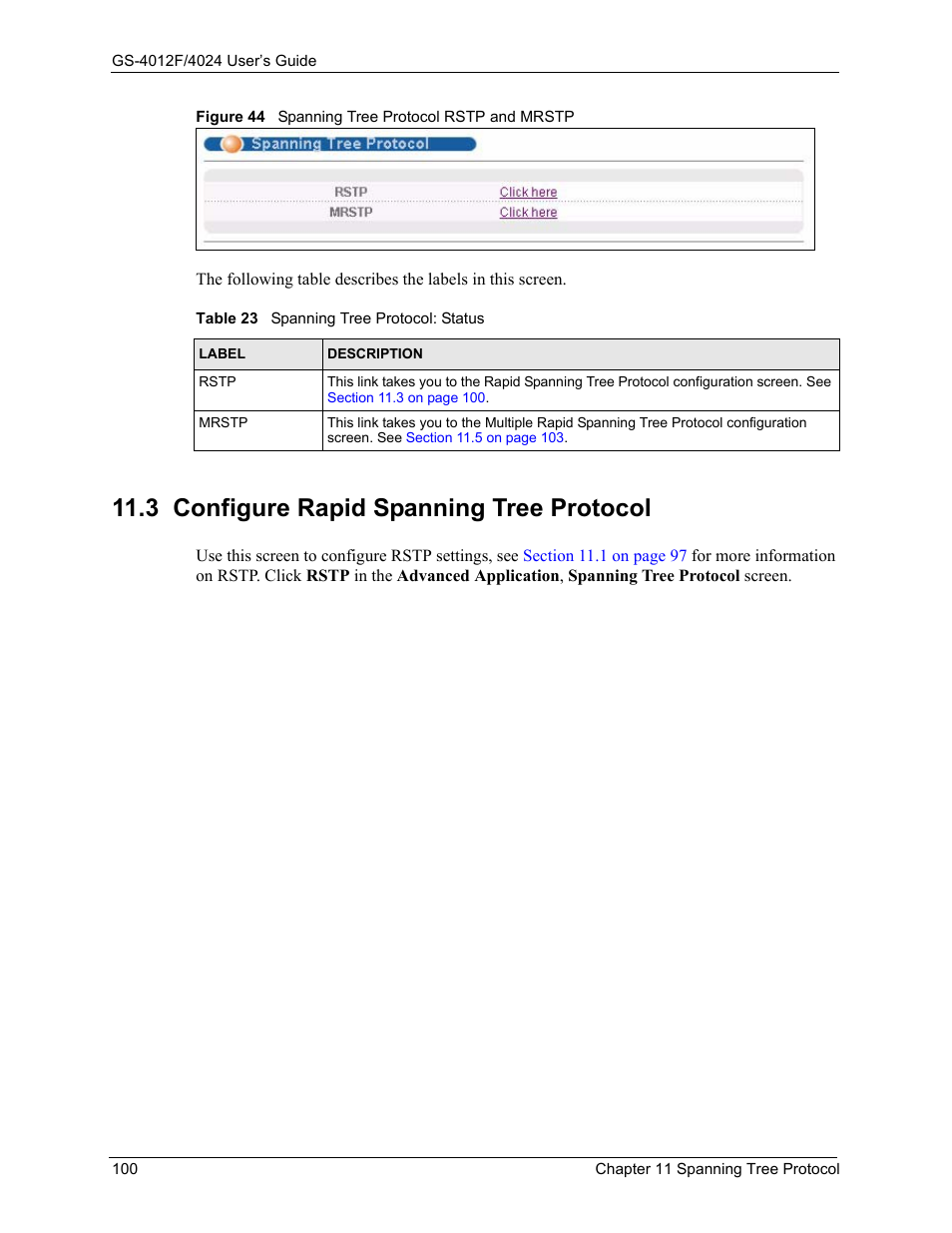 3 configure rapid spanning tree protocol, Figure 44 spanning tree protocol rstp and mrstp, Table 23 spanning tree protocol: status | ZyXEL Communications GS-4012F/4024 User Manual | Page 101 / 363