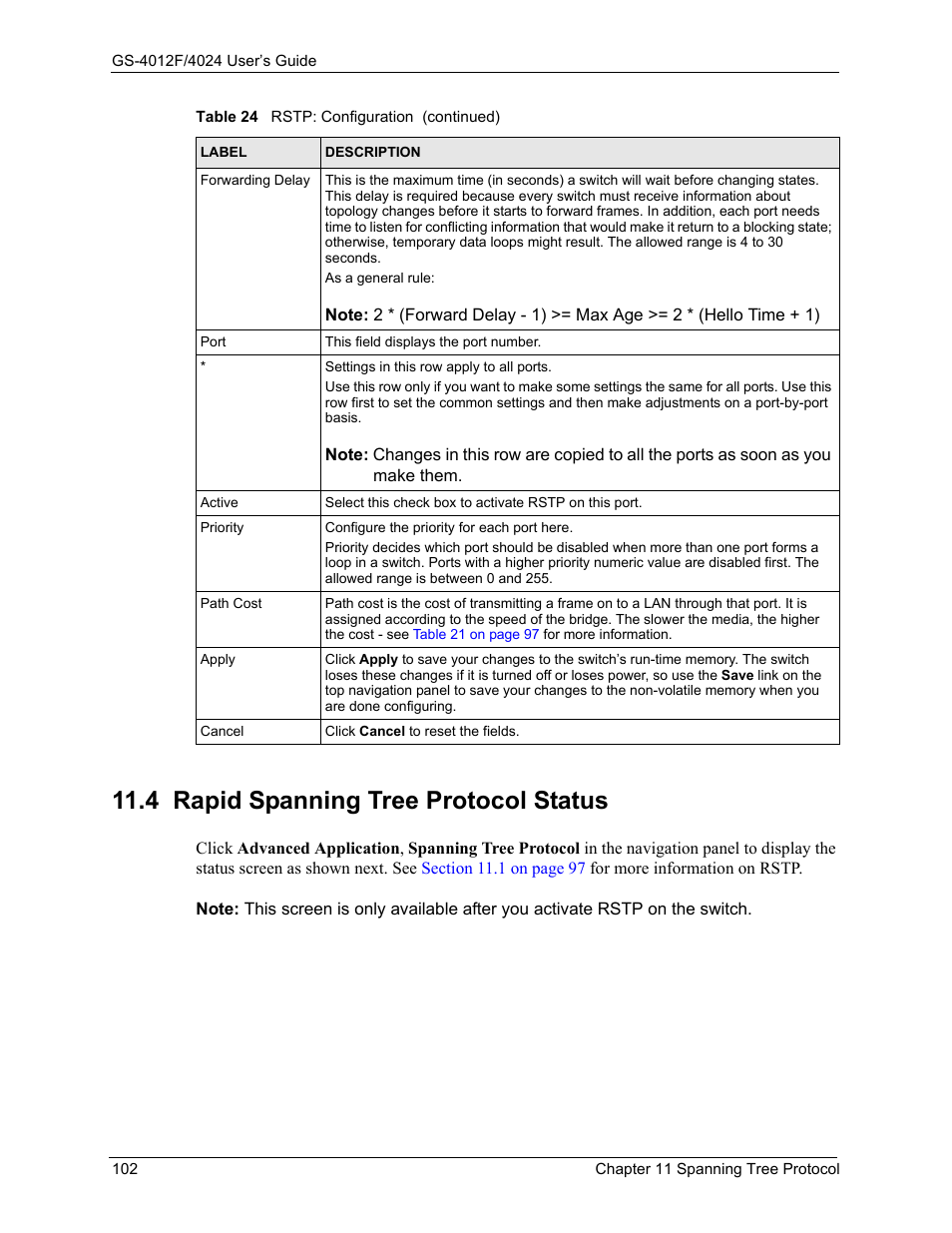 4 rapid spanning tree protocol status | ZyXEL Communications GS-4012F/4024 User Manual | Page 103 / 363