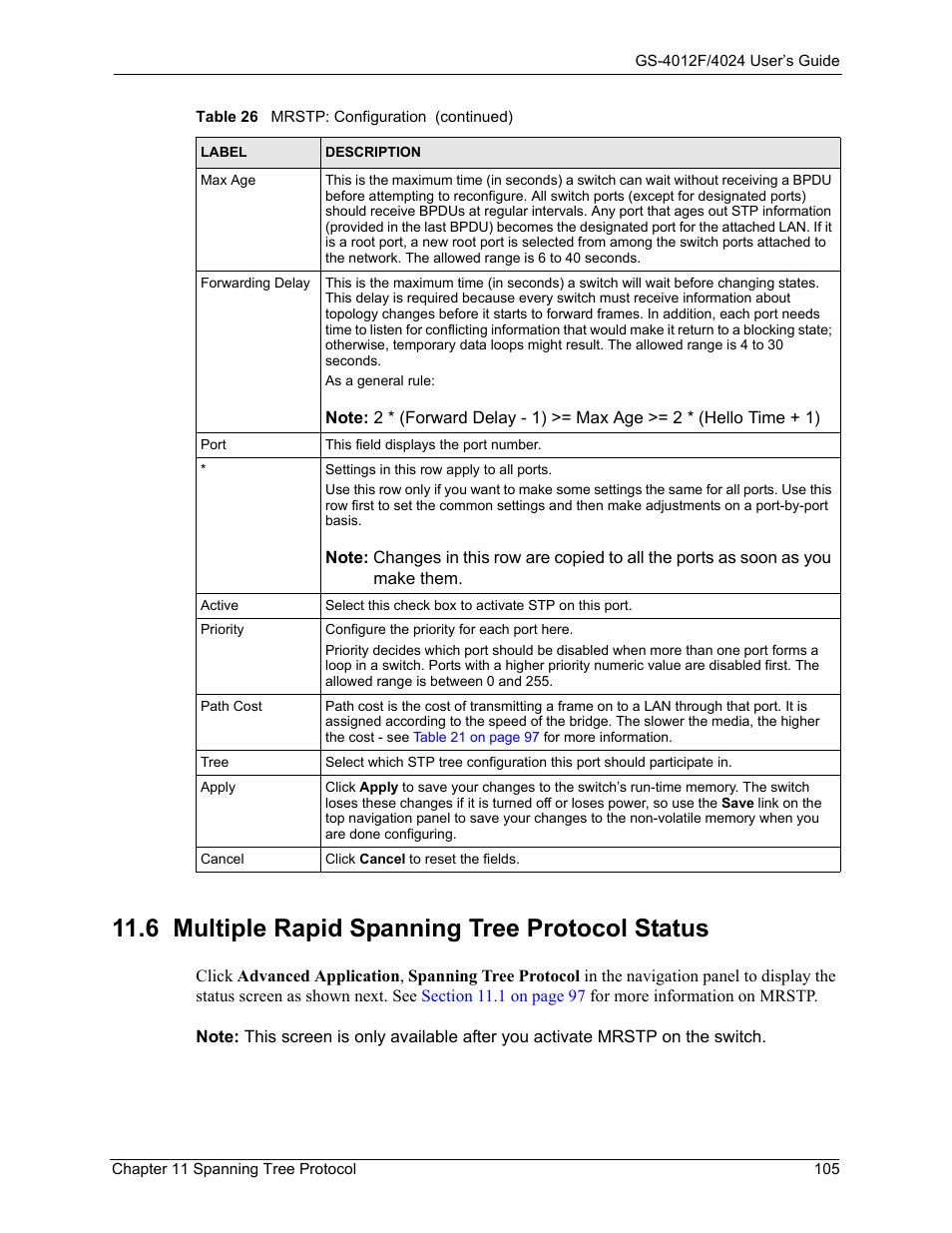 6 multiple rapid spanning tree protocol status | ZyXEL Communications GS-4012F/4024 User Manual | Page 106 / 363