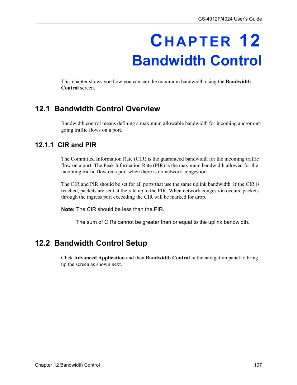 Bandwidth control, 1 cir and pir, 2 bandwidth control setup | Chapter 12 bandwidth control, 1 bandwidth control overview | ZyXEL Communications GS-4012F/4024 User Manual | Page 108 / 363