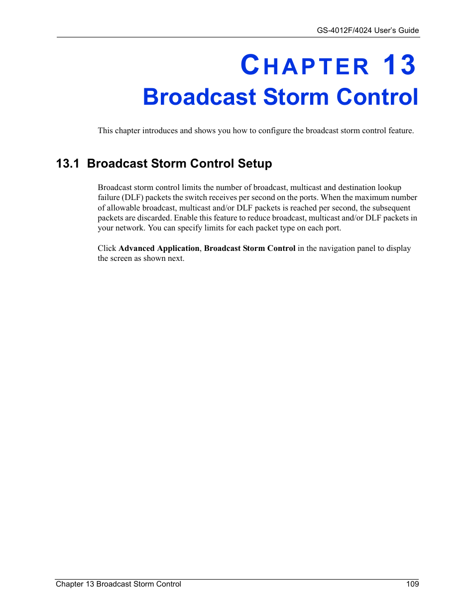 Broadcast storm control, Chapter 13 broadcast storm control, 1 broadcast storm control setup | ZyXEL Communications GS-4012F/4024 User Manual | Page 110 / 363