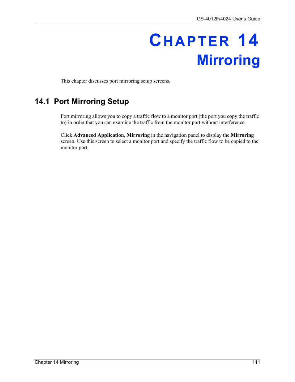 Mirroring, Chapter 14 mirroring, 1 port mirroring setup | ZyXEL Communications GS-4012F/4024 User Manual | Page 112 / 363