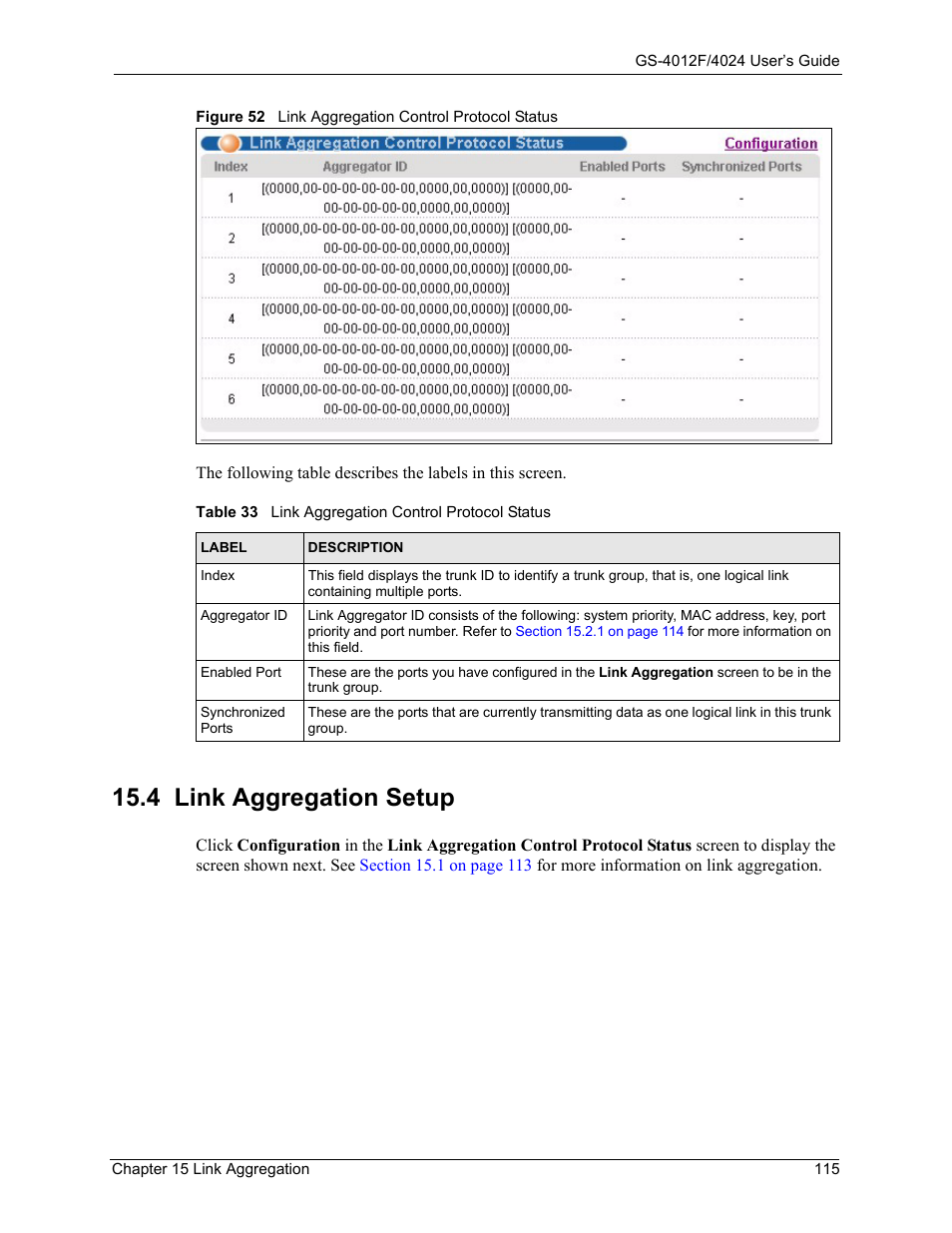 4 link aggregation setup, Figure 52 link aggregation control protocol status, Table 33 link aggregation control protocol status | ZyXEL Communications GS-4012F/4024 User Manual | Page 116 / 363