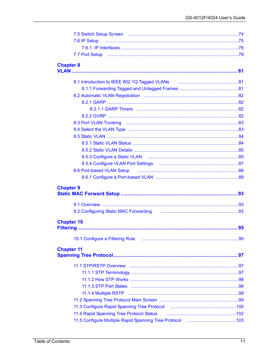 ZyXEL Communications GS-4012F/4024 User Manual | Page 12 / 363