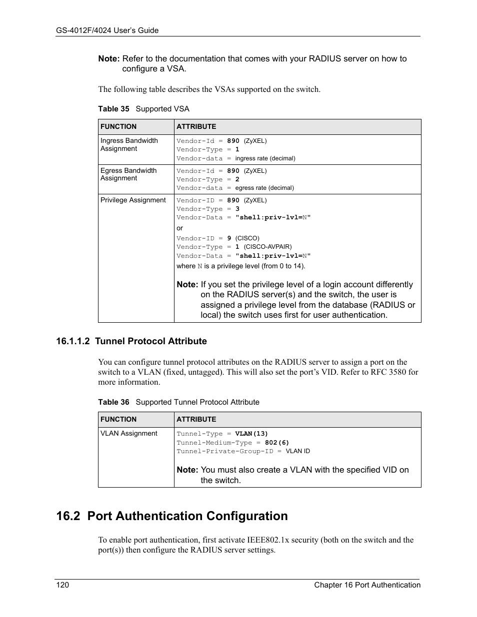 2 tunnel protocol attribute, 2 port authentication configuration | ZyXEL Communications GS-4012F/4024 User Manual | Page 121 / 363