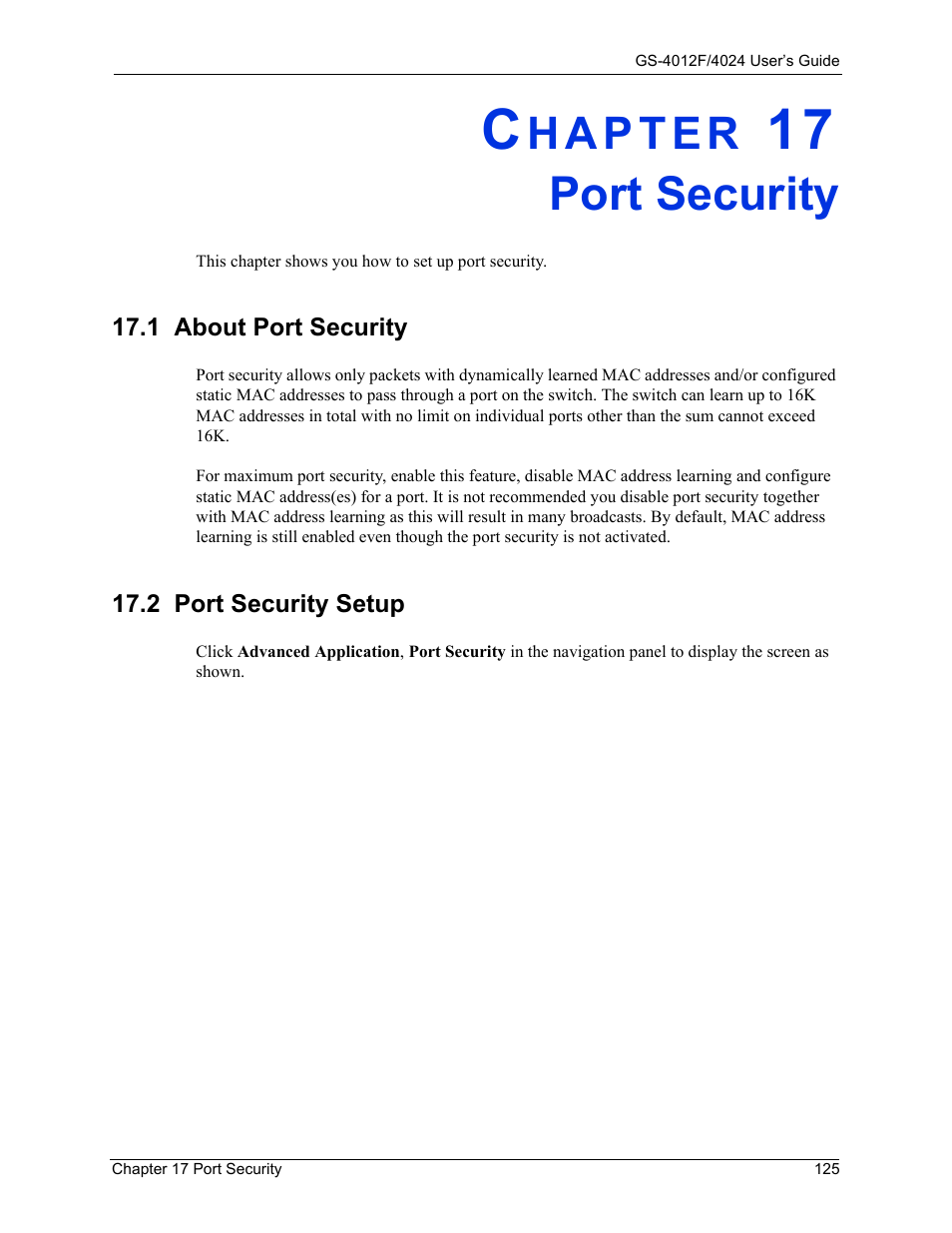 Port security, 2 port security setup, Chapter 17 port security | 1 about port security 17.2 port security setup | ZyXEL Communications GS-4012F/4024 User Manual | Page 126 / 363