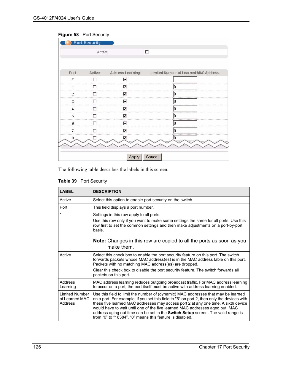 Figure 58 port security, Table 39 port security | ZyXEL Communications GS-4012F/4024 User Manual | Page 127 / 363