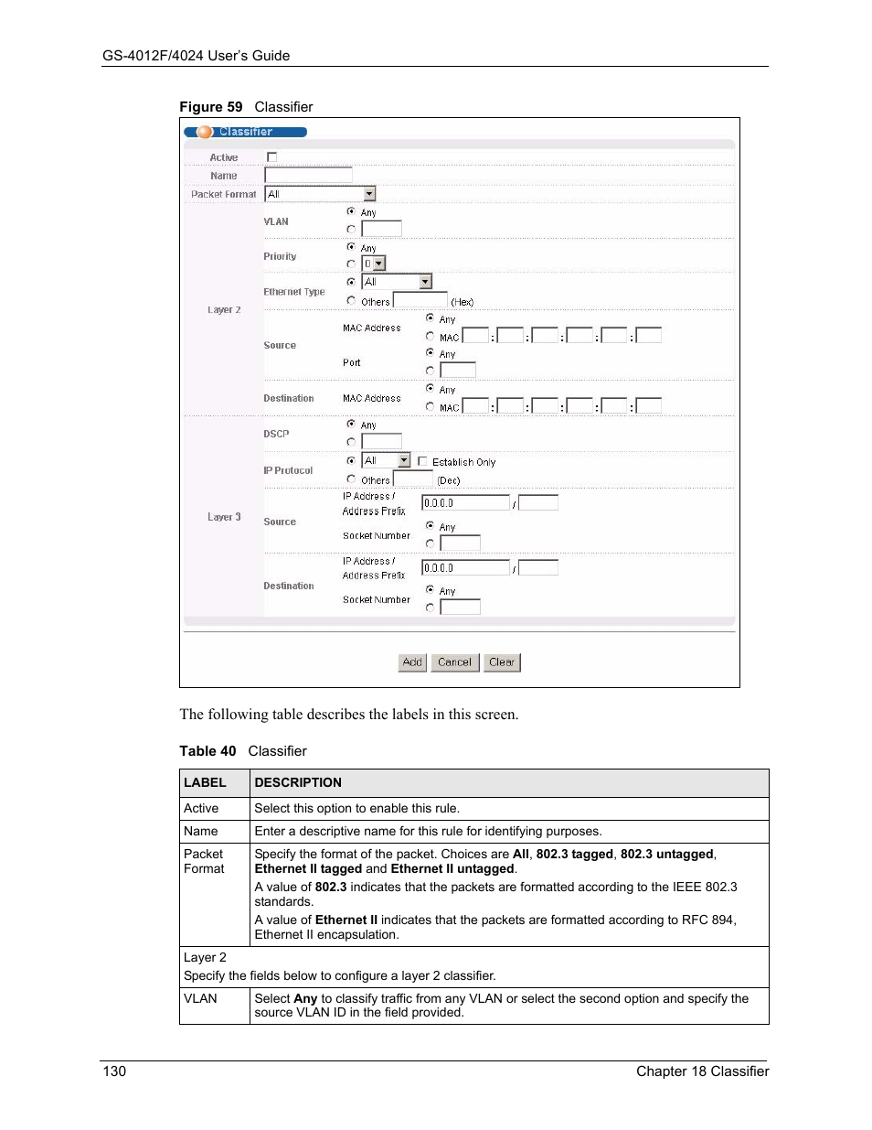 Figure 59 classifier, Table 40 classifier | ZyXEL Communications GS-4012F/4024 User Manual | Page 131 / 363