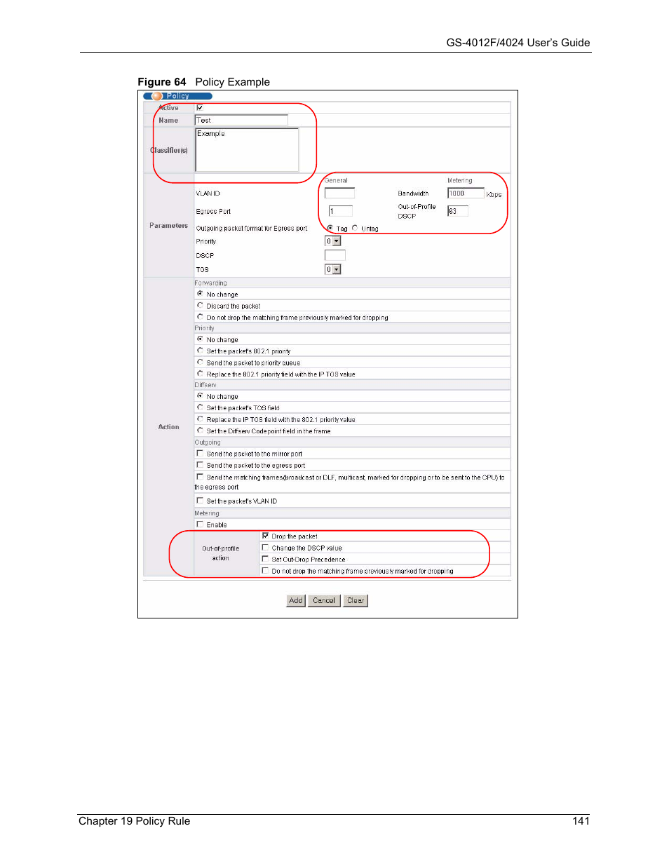 Figure 64 policy example | ZyXEL Communications GS-4012F/4024 User Manual | Page 142 / 363