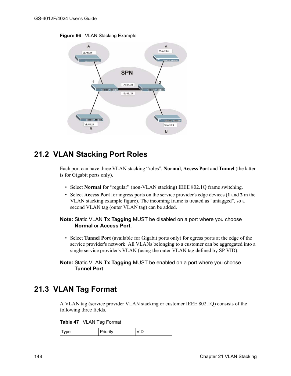 2 vlan stacking port roles, 3 vlan tag format, 2 vlan stacking port roles 21.3 vlan tag format | Figure 66 vlan stacking example, Table 47 vlan tag format | ZyXEL Communications GS-4012F/4024 User Manual | Page 149 / 363