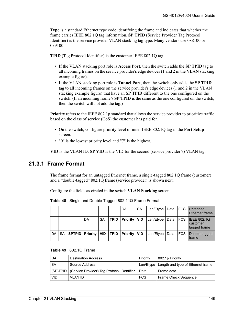 1 frame format | ZyXEL Communications GS-4012F/4024 User Manual | Page 150 / 363