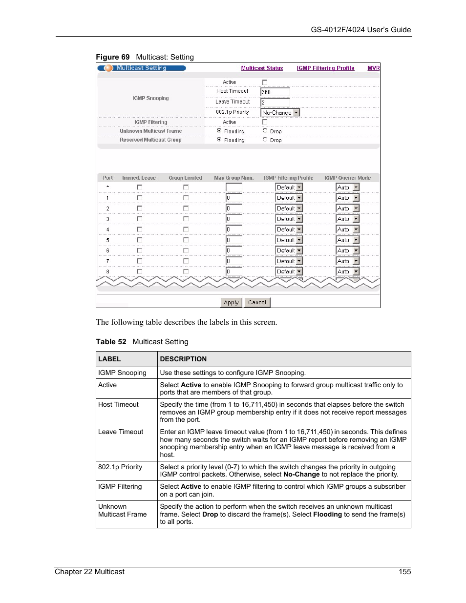 Figure 69 multicast: setting, Table 52 multicast setting | ZyXEL Communications GS-4012F/4024 User Manual | Page 156 / 363