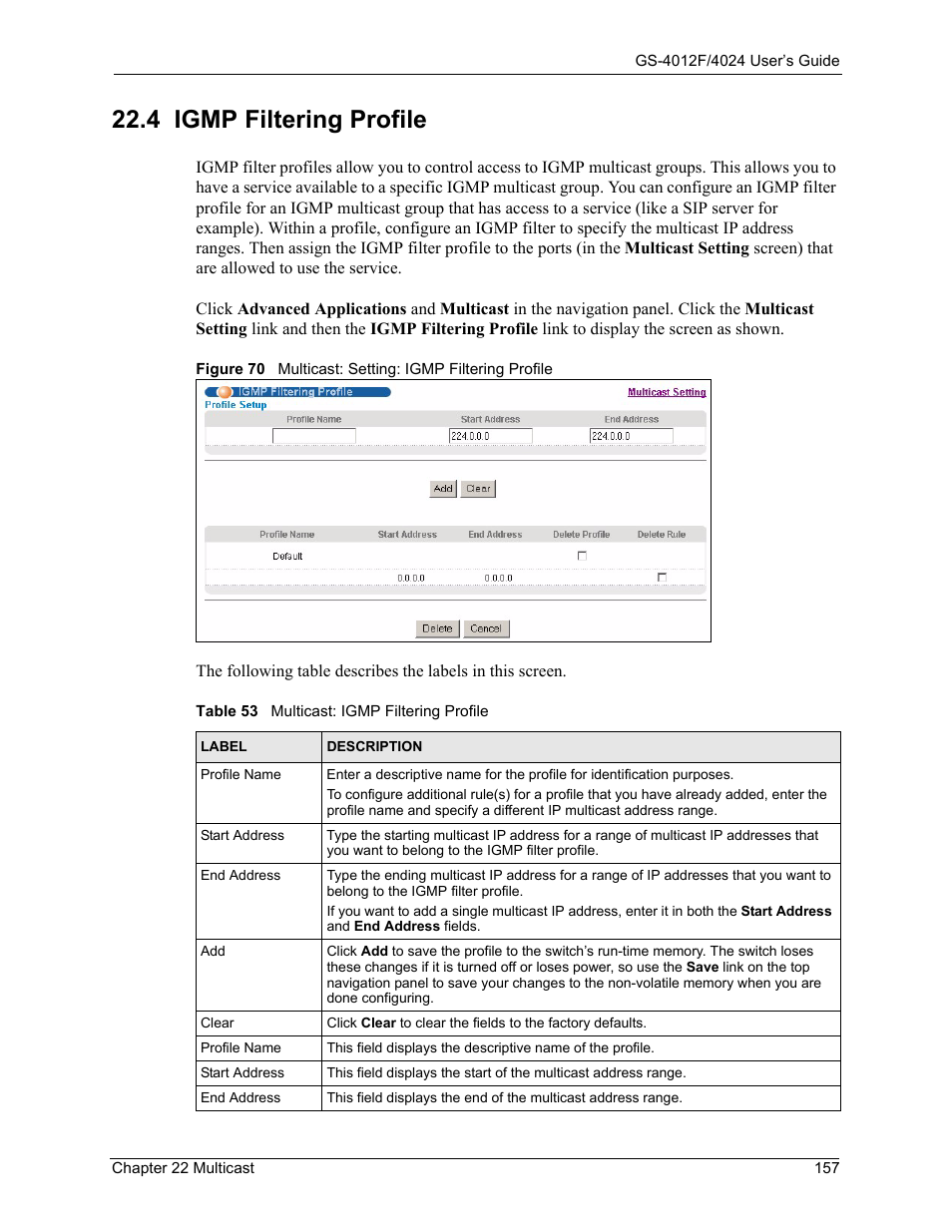 4 igmp filtering profile, Table 53 multicast: igmp filtering profile | ZyXEL Communications GS-4012F/4024 User Manual | Page 158 / 363