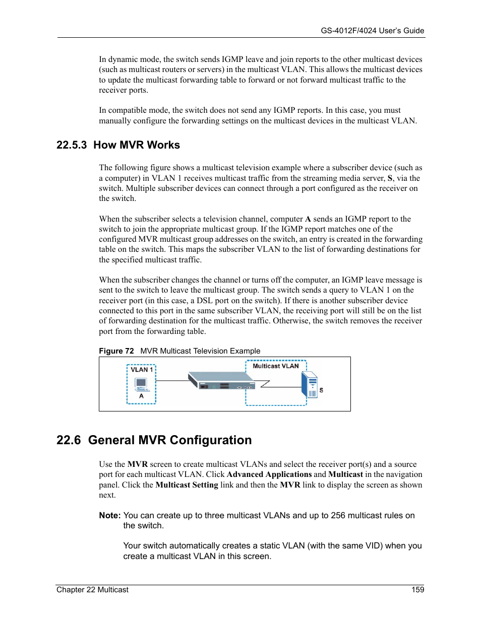 3 how mvr works, 6 general mvr configuration, Figure 72 mvr multicast television example | ZyXEL Communications GS-4012F/4024 User Manual | Page 160 / 363