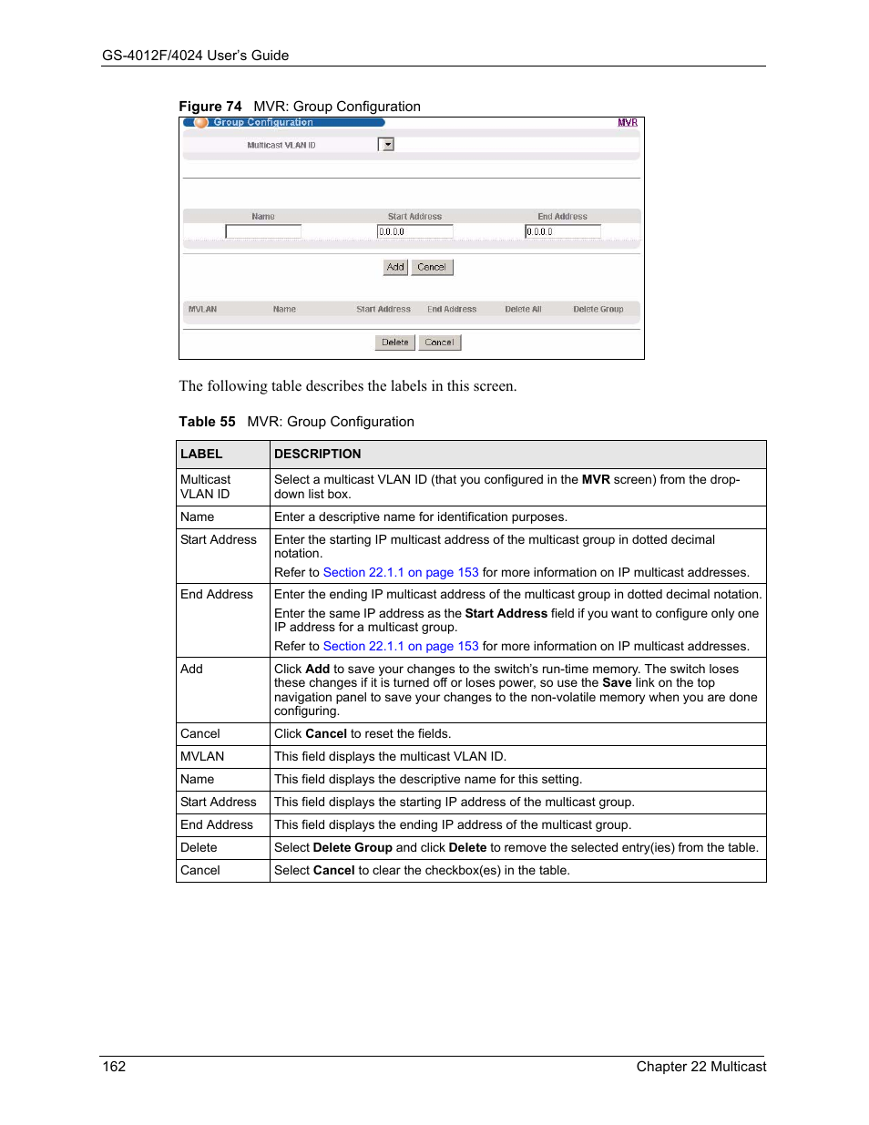 Figure 74 mvr: group configuration, Table 55 mvr: group configuration | ZyXEL Communications GS-4012F/4024 User Manual | Page 163 / 363