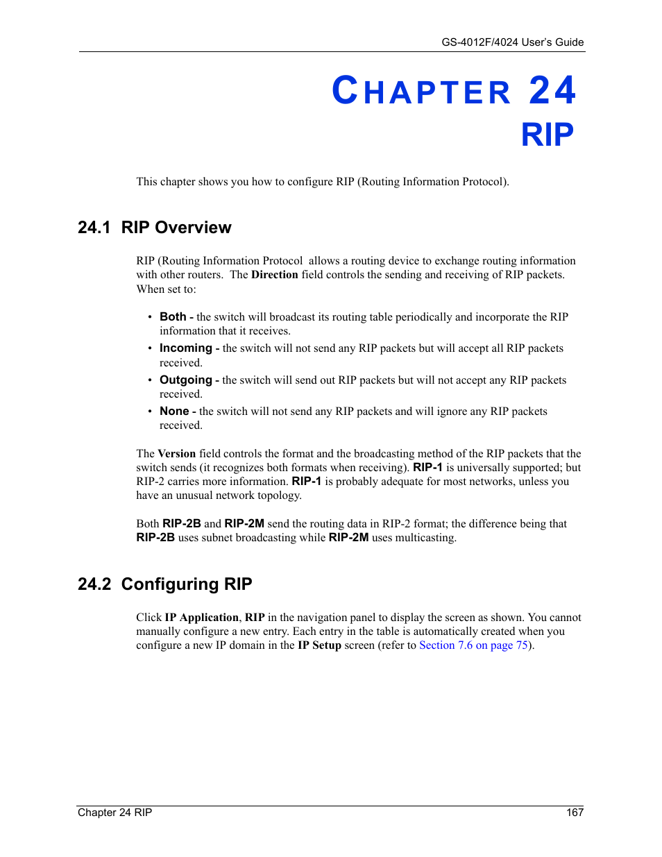 2 configuring rip, Chapter 24 rip, 1 rip overview 24.2 configuring rip | ZyXEL Communications GS-4012F/4024 User Manual | Page 168 / 363