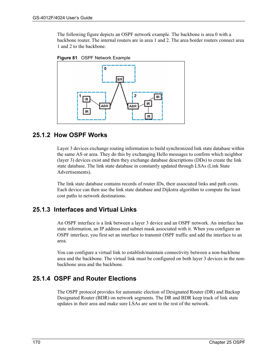 2 how ospf works, 3 interfaces and virtual links, 4 ospf and router elections | Figure 81 ospf network example | ZyXEL Communications GS-4012F/4024 User Manual | Page 171 / 363