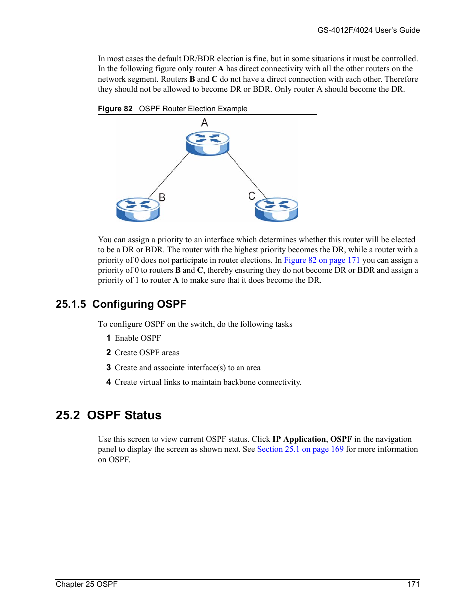 5 configuring ospf, 2 ospf status, Figure 82 ospf router election example | ZyXEL Communications GS-4012F/4024 User Manual | Page 172 / 363