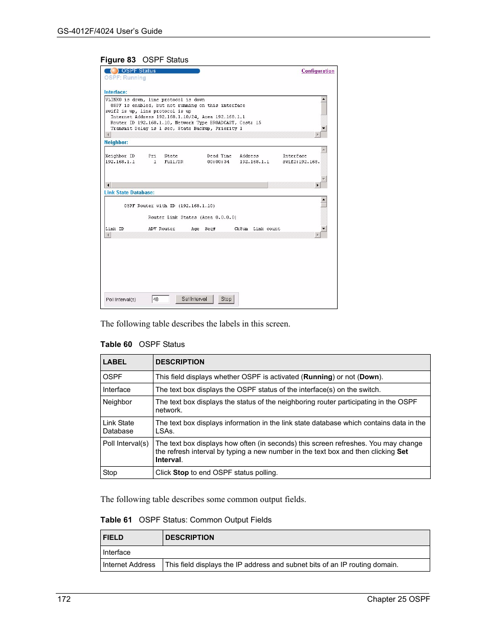 Figure 83 ospf status | ZyXEL Communications GS-4012F/4024 User Manual | Page 173 / 363