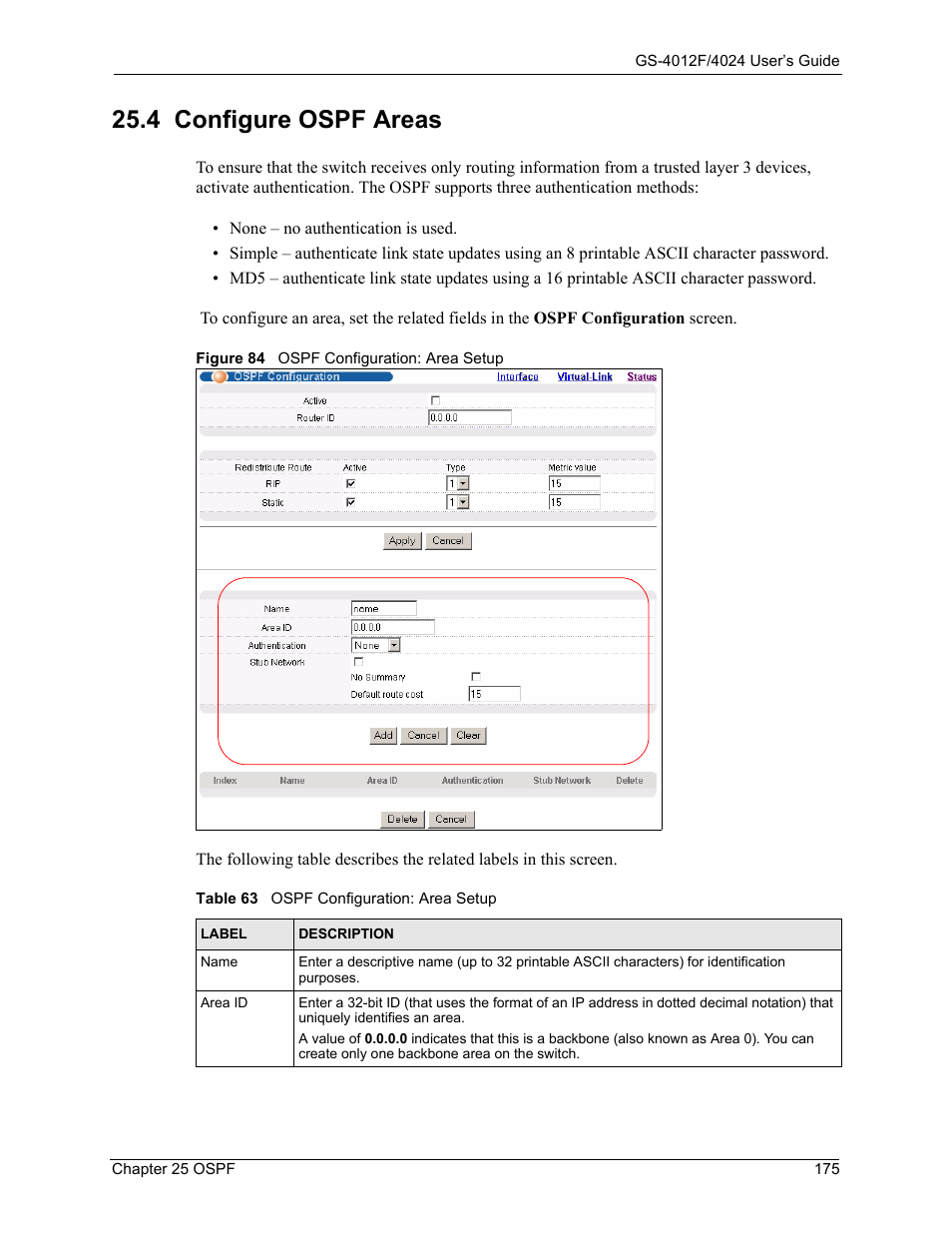 4 configure ospf areas, Figure 84 ospf configuration: area setup, Table 63 ospf configuration: area setup | ZyXEL Communications GS-4012F/4024 User Manual | Page 176 / 363
