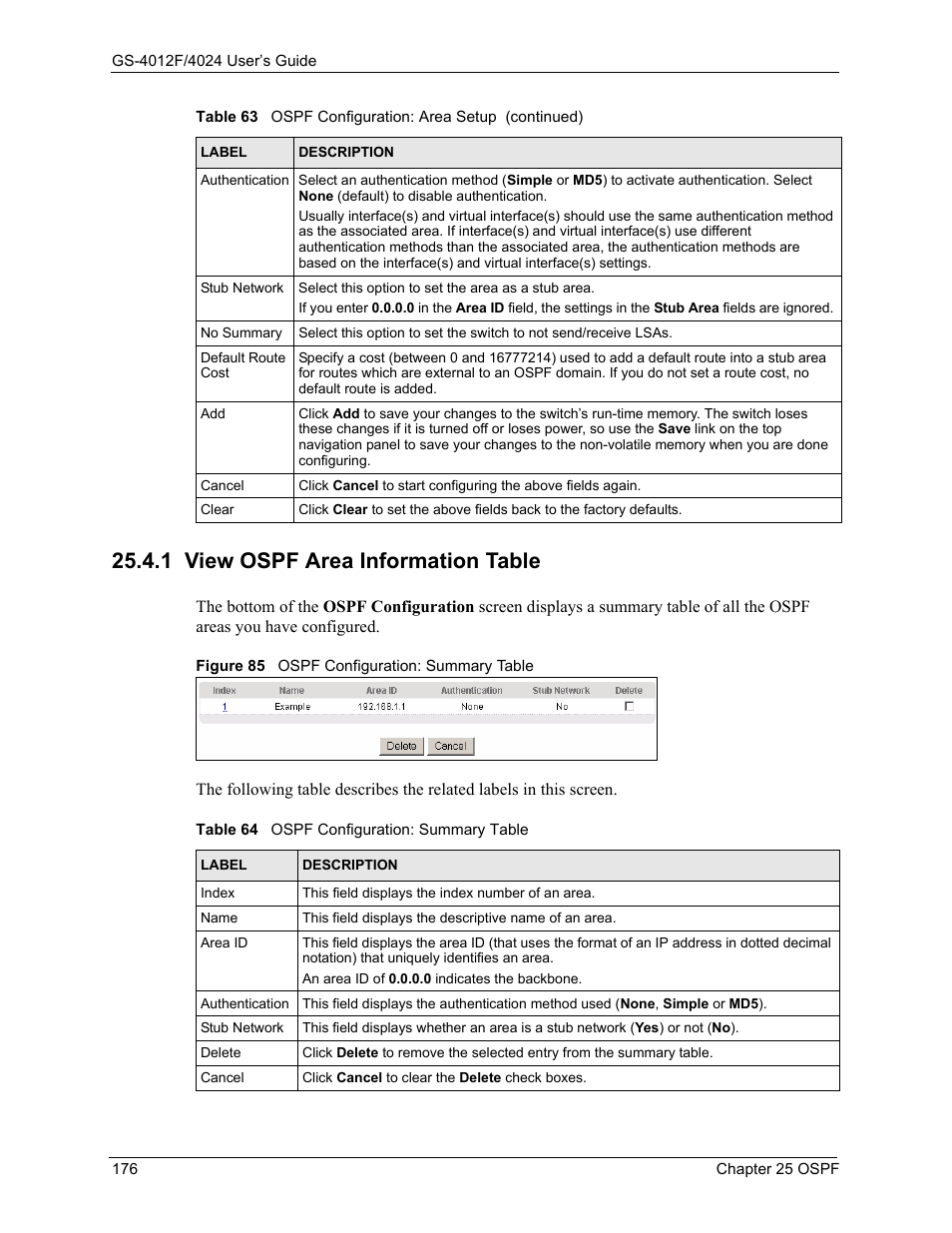 1 view ospf area information table, Figure 85 ospf configuration: summary table, Table 64 ospf configuration: summary table | ZyXEL Communications GS-4012F/4024 User Manual | Page 177 / 363