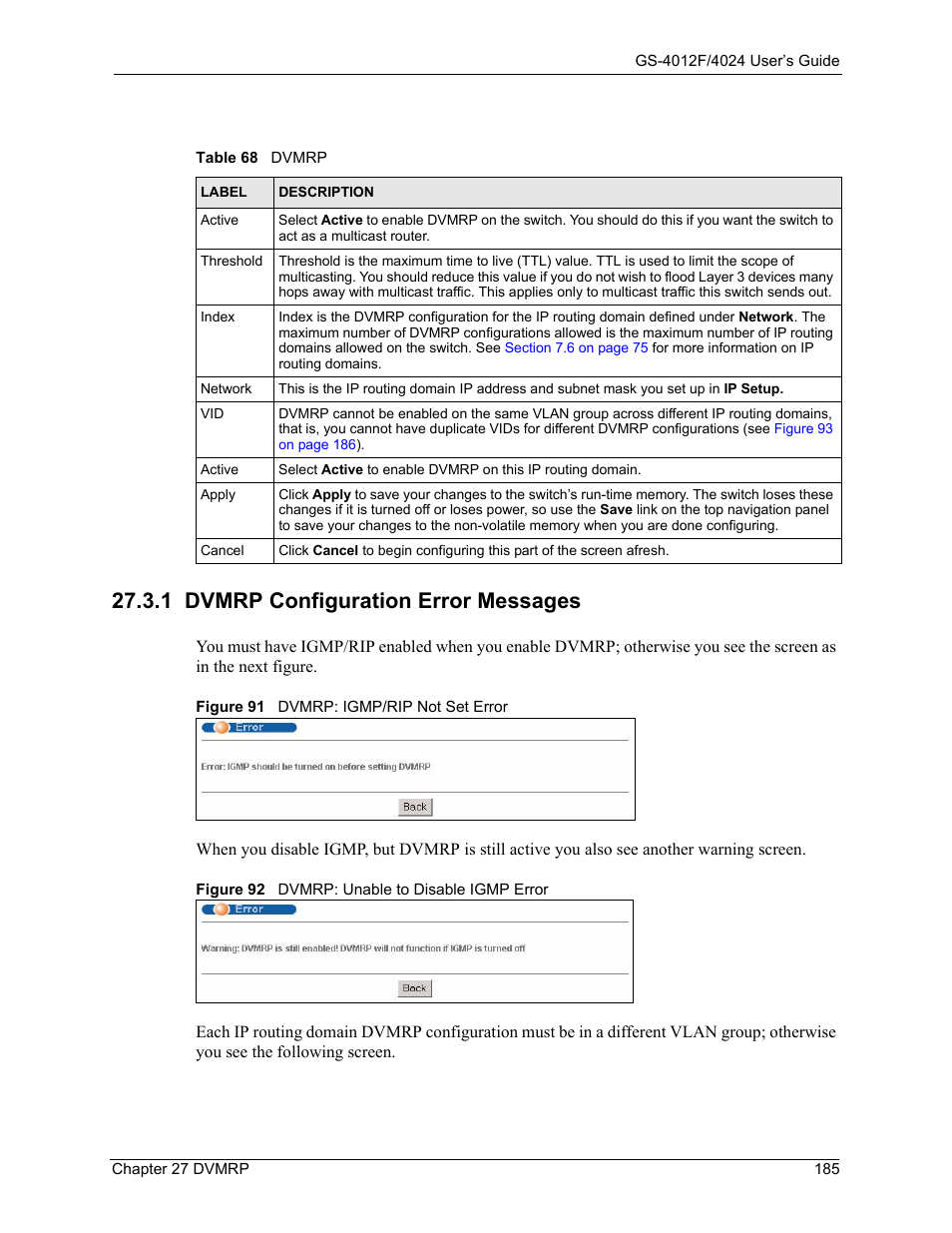 1 dvmrp configuration error messages, Table 68 dvmrp | ZyXEL Communications GS-4012F/4024 User Manual | Page 186 / 363