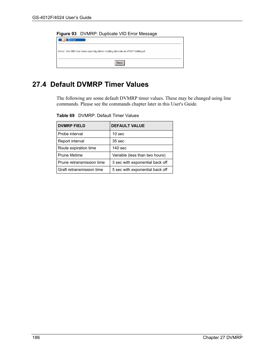 4 default dvmrp timer values, Figure 93 dvmrp: duplicate vid error message, Table 69 dvmrp: default timer values | Figure 93 | ZyXEL Communications GS-4012F/4024 User Manual | Page 187 / 363