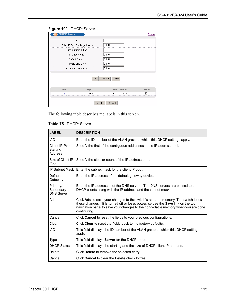 Figure 100 dhcp: server, Table 75 dhcp: server | ZyXEL Communications GS-4012F/4024 User Manual | Page 196 / 363