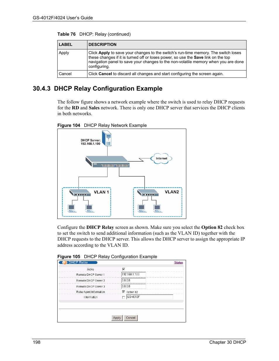 3 dhcp relay configuration example | ZyXEL Communications GS-4012F/4024 User Manual | Page 199 / 363