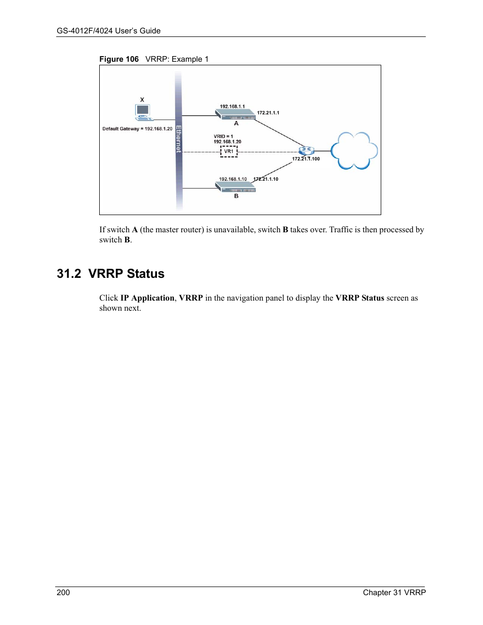 2 vrrp status, Figure 106 vrrp: example 1 | ZyXEL Communications GS-4012F/4024 User Manual | Page 201 / 363