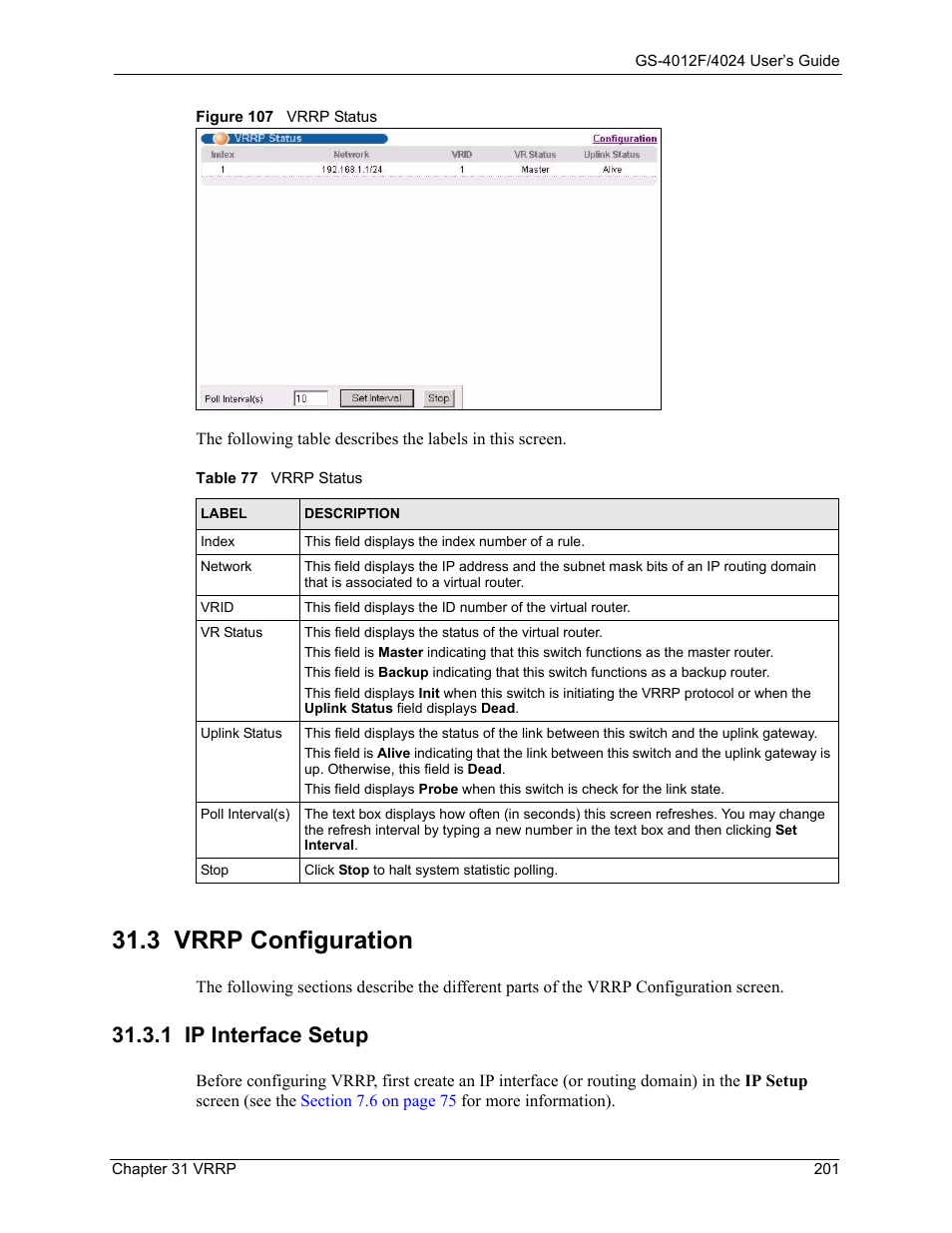 1 ip interface setup, 3 vrrp configuration, Figure 107 vrrp status | Table 77 vrrp status | ZyXEL Communications GS-4012F/4024 User Manual | Page 202 / 363