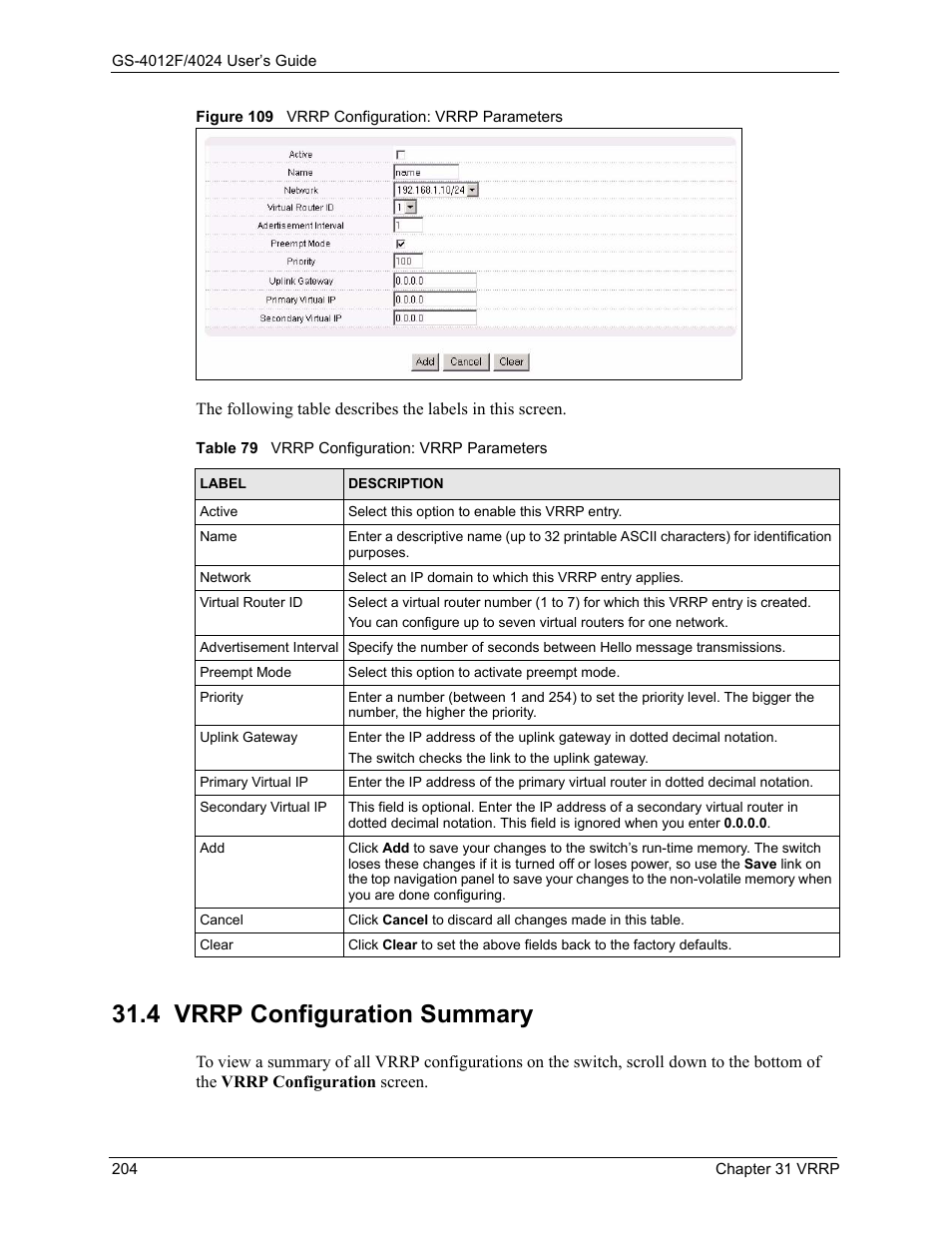 4 vrrp configuration summary, Figure 109 vrrp configuration: vrrp parameters, Table 79 vrrp configuration: vrrp parameters | ZyXEL Communications GS-4012F/4024 User Manual | Page 205 / 363