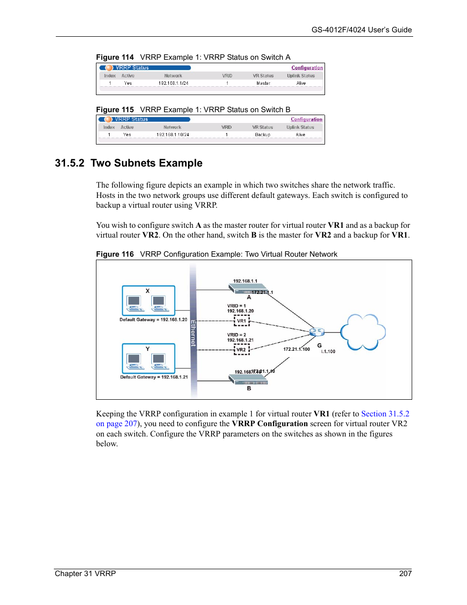 2 two subnets example | ZyXEL Communications GS-4012F/4024 User Manual | Page 208 / 363