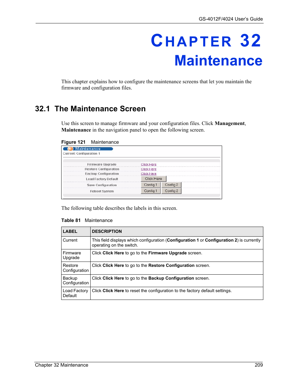 Maintenance, Chapter 32 maintenance, 1 the maintenance screen | Figure 121 maintenance, Table 81 maintenance | ZyXEL Communications GS-4012F/4024 User Manual | Page 210 / 363