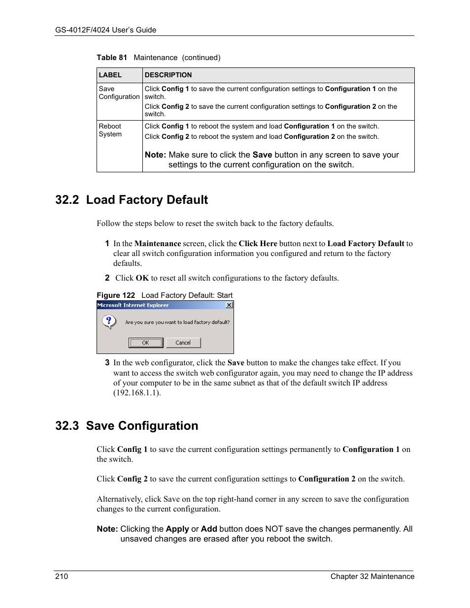 2 load factory default, 3 save configuration, Figure 122 load factory default: start | ZyXEL Communications GS-4012F/4024 User Manual | Page 211 / 363
