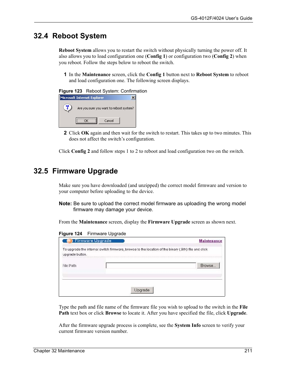 4 reboot system, 4 reboot system 32.5 firmware upgrade, 5 firmware upgrade | ZyXEL Communications GS-4012F/4024 User Manual | Page 212 / 363