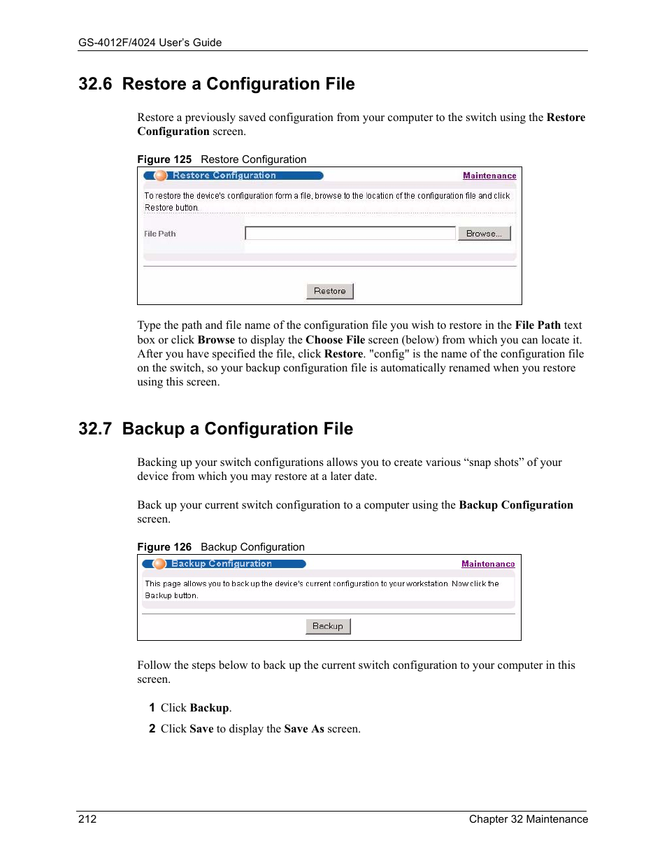 6 restore a configuration file, 7 backup a configuration file | ZyXEL Communications GS-4012F/4024 User Manual | Page 213 / 363