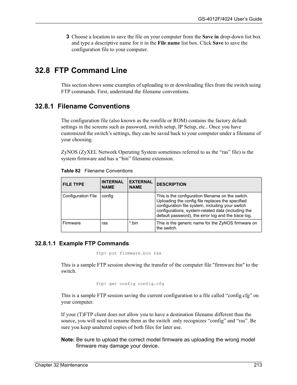 8 ftp command line, 1 filename conventions, 1 example ftp commands | Table 82 filename conventions | ZyXEL Communications GS-4012F/4024 User Manual | Page 214 / 363