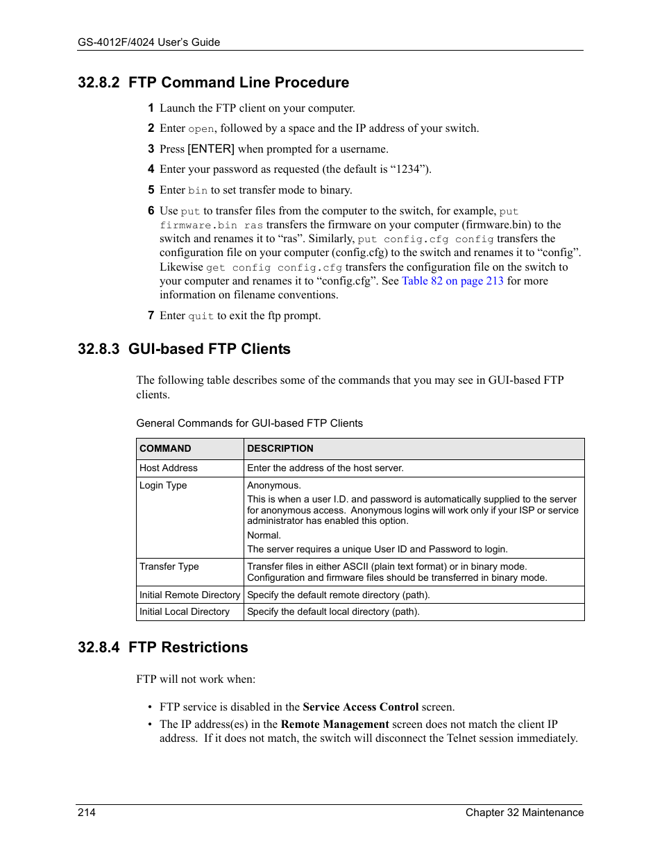 2 ftp command line procedure, 3 gui-based ftp clients, 4 ftp restrictions | ZyXEL Communications GS-4012F/4024 User Manual | Page 215 / 363
