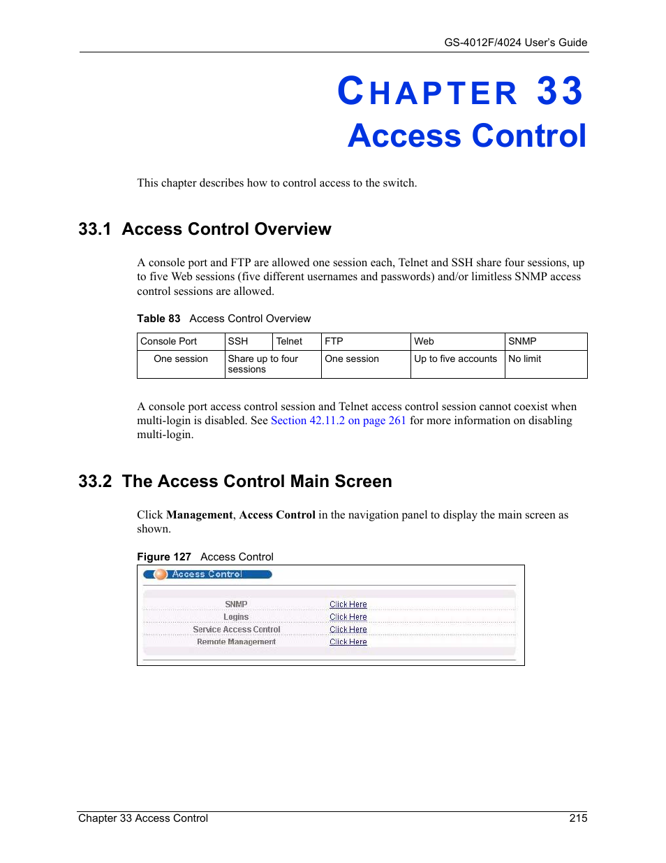 Access control, 2 the access control main screen, Chapter 33 access control | Figure 127 access control, Table 83 access control overview | ZyXEL Communications GS-4012F/4024 User Manual | Page 216 / 363