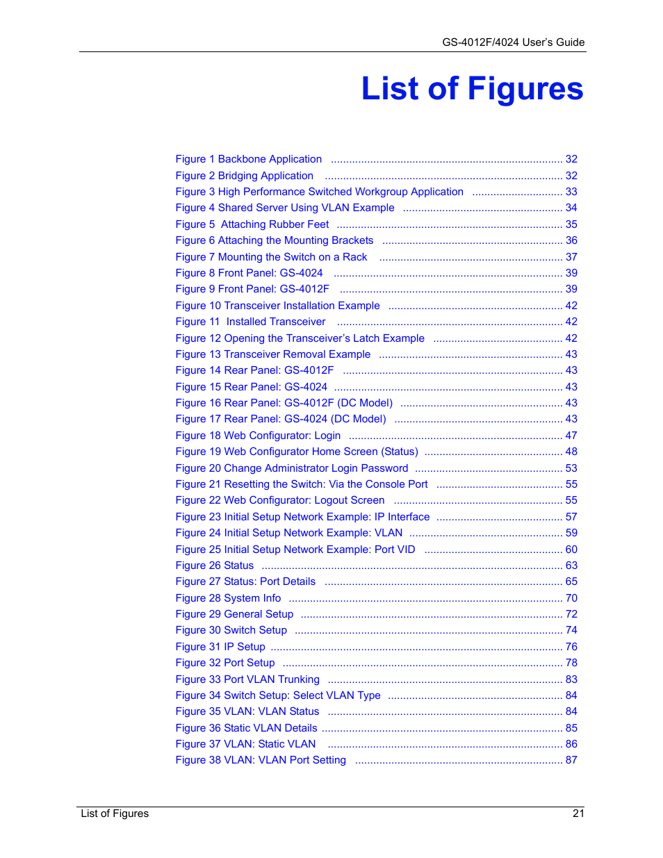 List of figures | ZyXEL Communications GS-4012F/4024 User Manual | Page 22 / 363