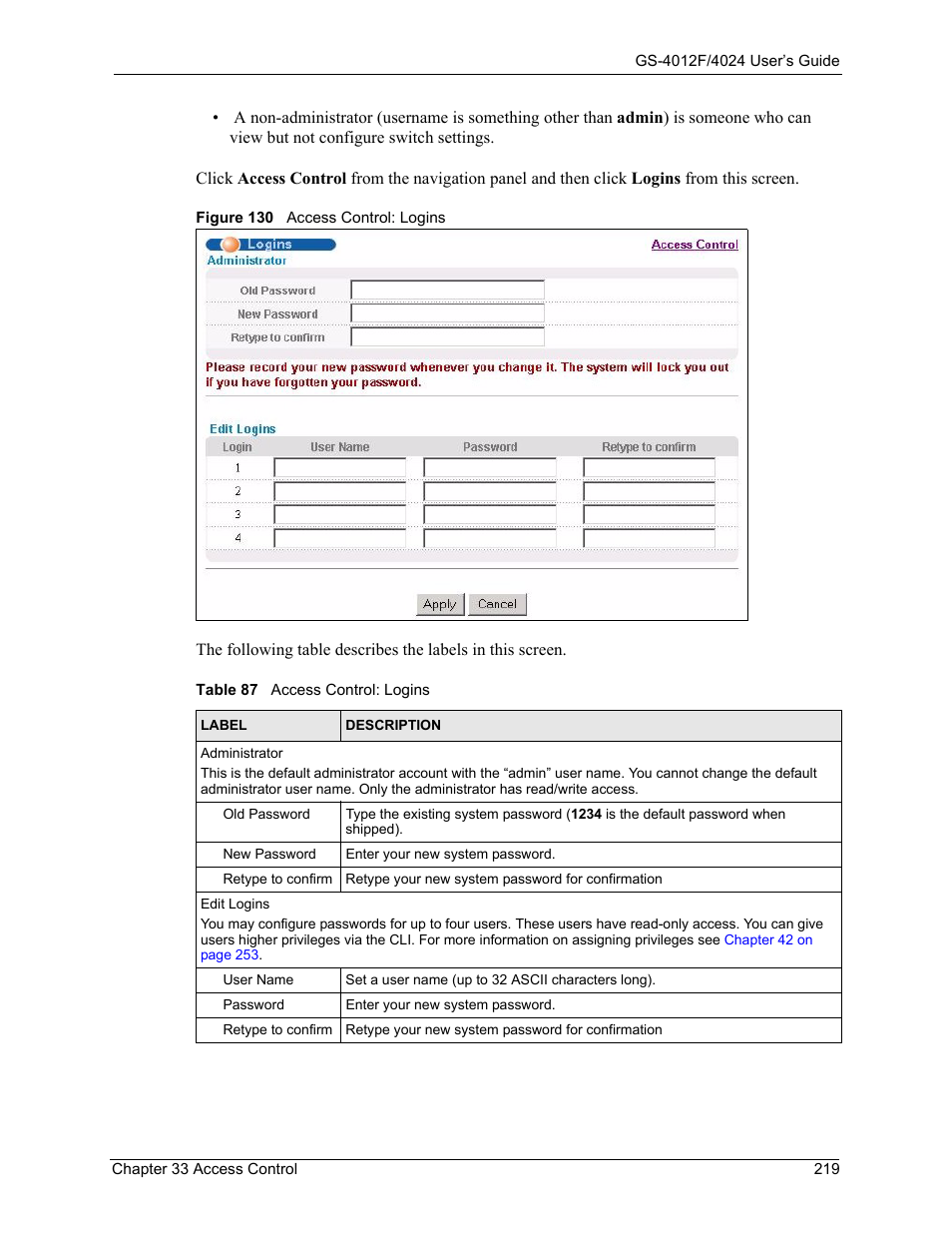 Figure 130 access control: logins, Table 87 access control: logins | ZyXEL Communications GS-4012F/4024 User Manual | Page 220 / 363