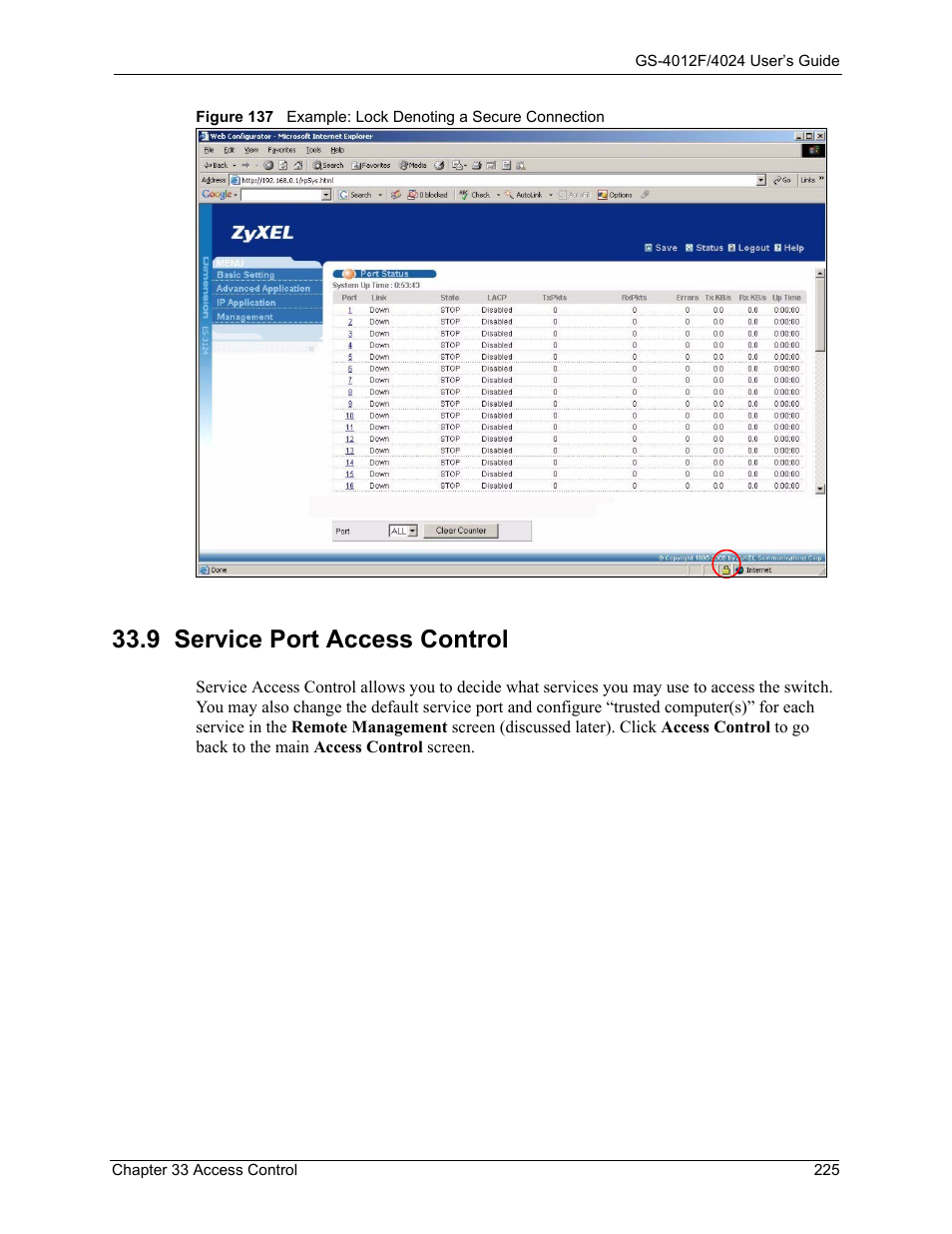 9 service port access control | ZyXEL Communications GS-4012F/4024 User Manual | Page 226 / 363