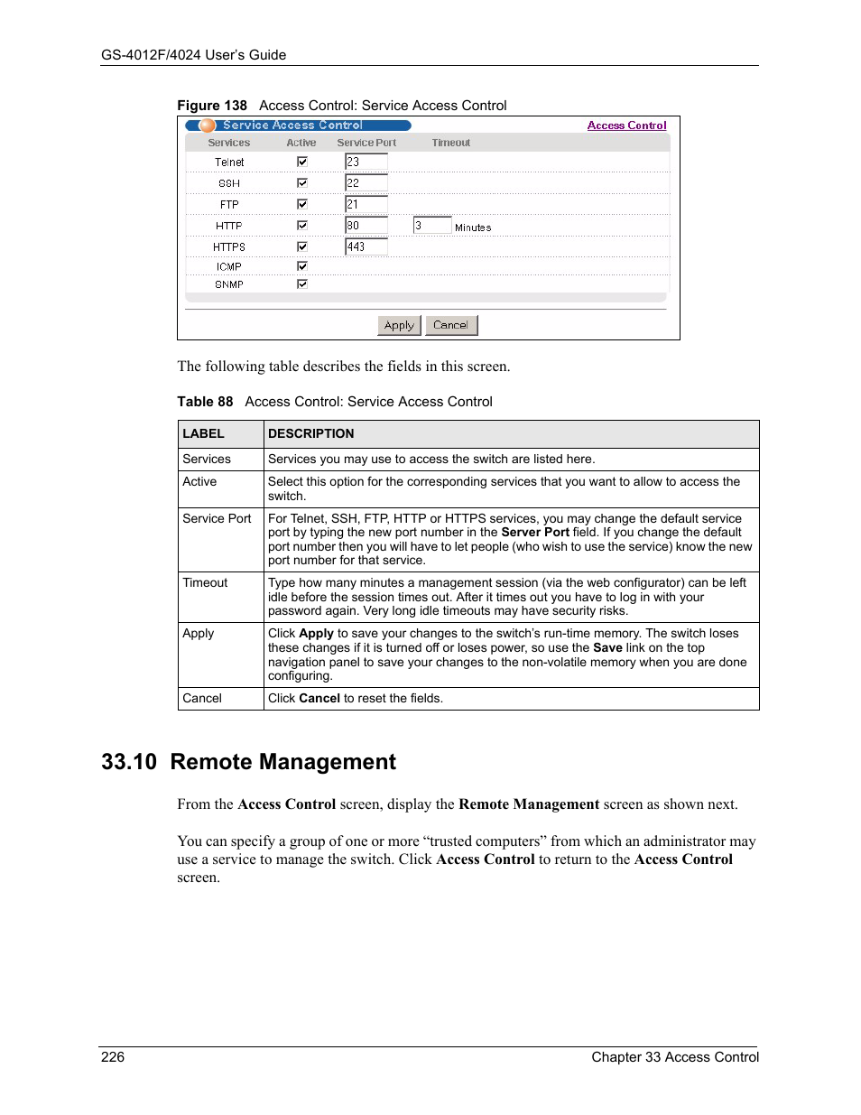 10 remote management, Figure 138 access control: service access control, Table 88 access control: service access control | ZyXEL Communications GS-4012F/4024 User Manual | Page 227 / 363